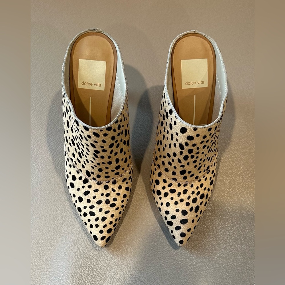 Dolce Vita cow’s hair mules, size 6.